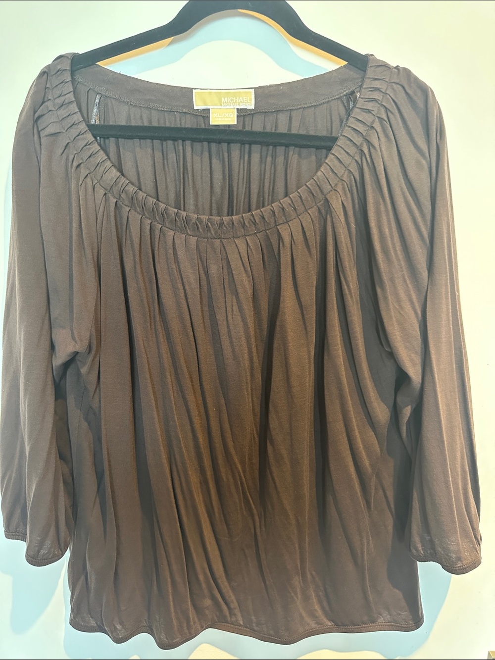 Michael Kors Chocolate Brown Pleated Scoop-Neck Blouse